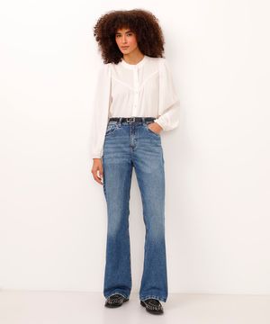calça bootcut jeans cintura alta azul