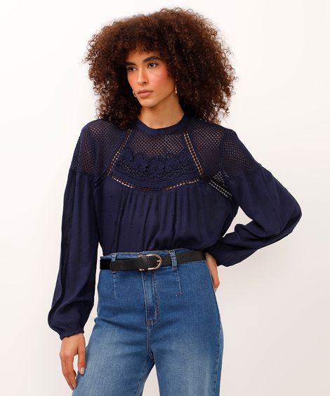 blusa bata manga bufante com crochê azul marinho