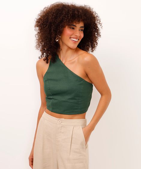 blusa cropped com linho ombro único verde