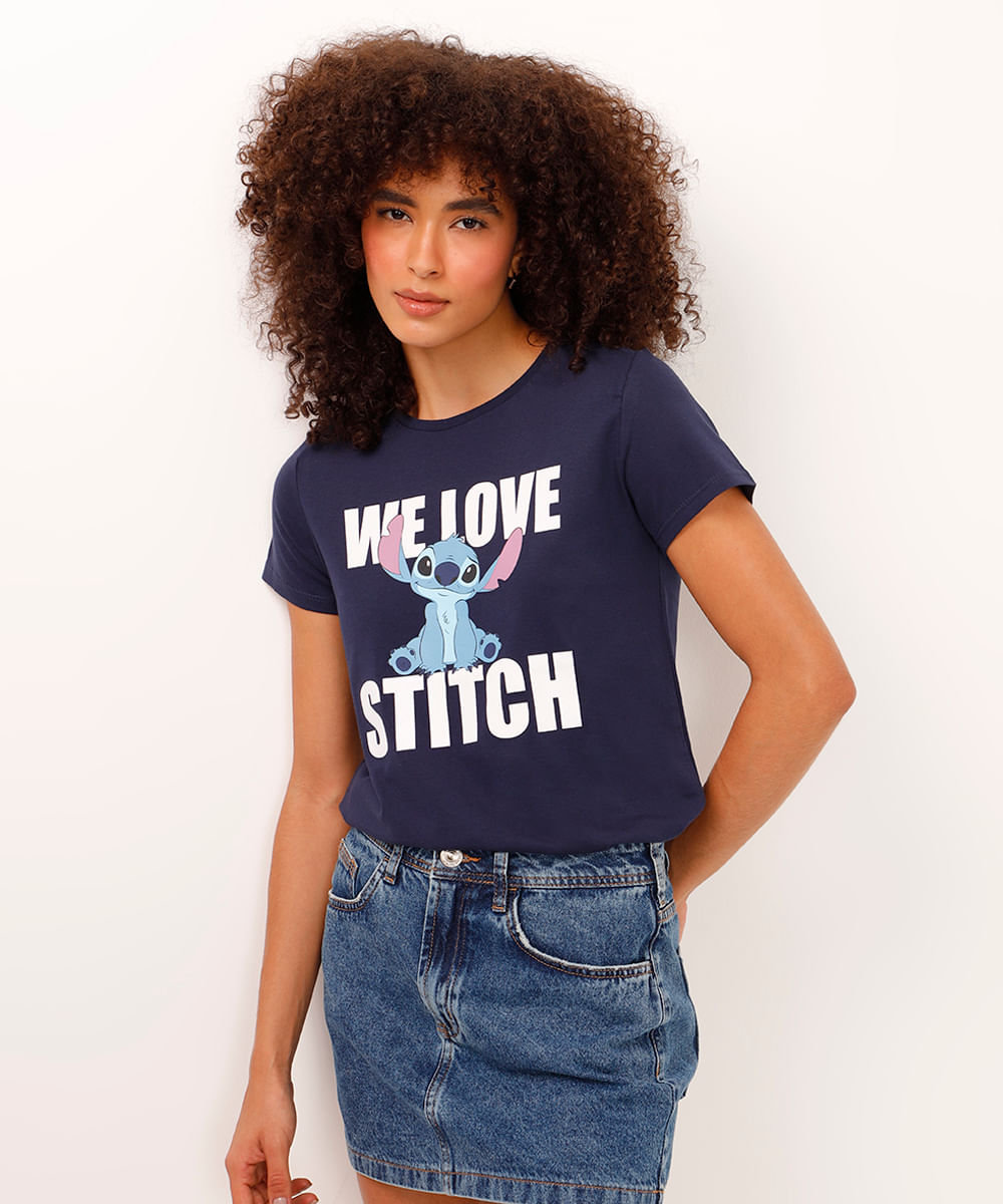 camiseta de algodão manga curta we love stitch azul