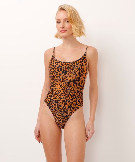maiô regata com alça fina animal print marrom
