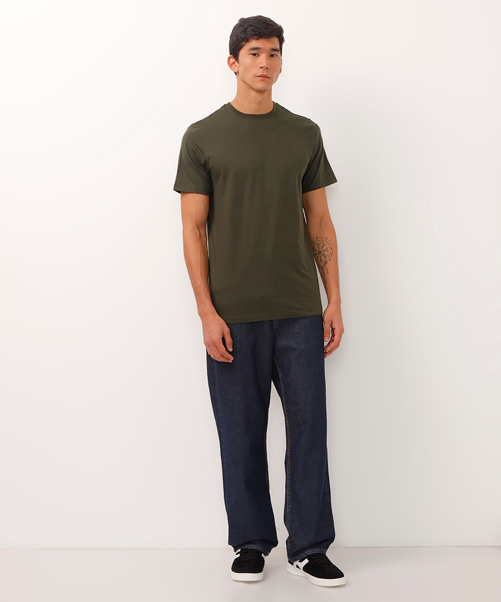 camiseta alongada de algodão básica - verde militar
