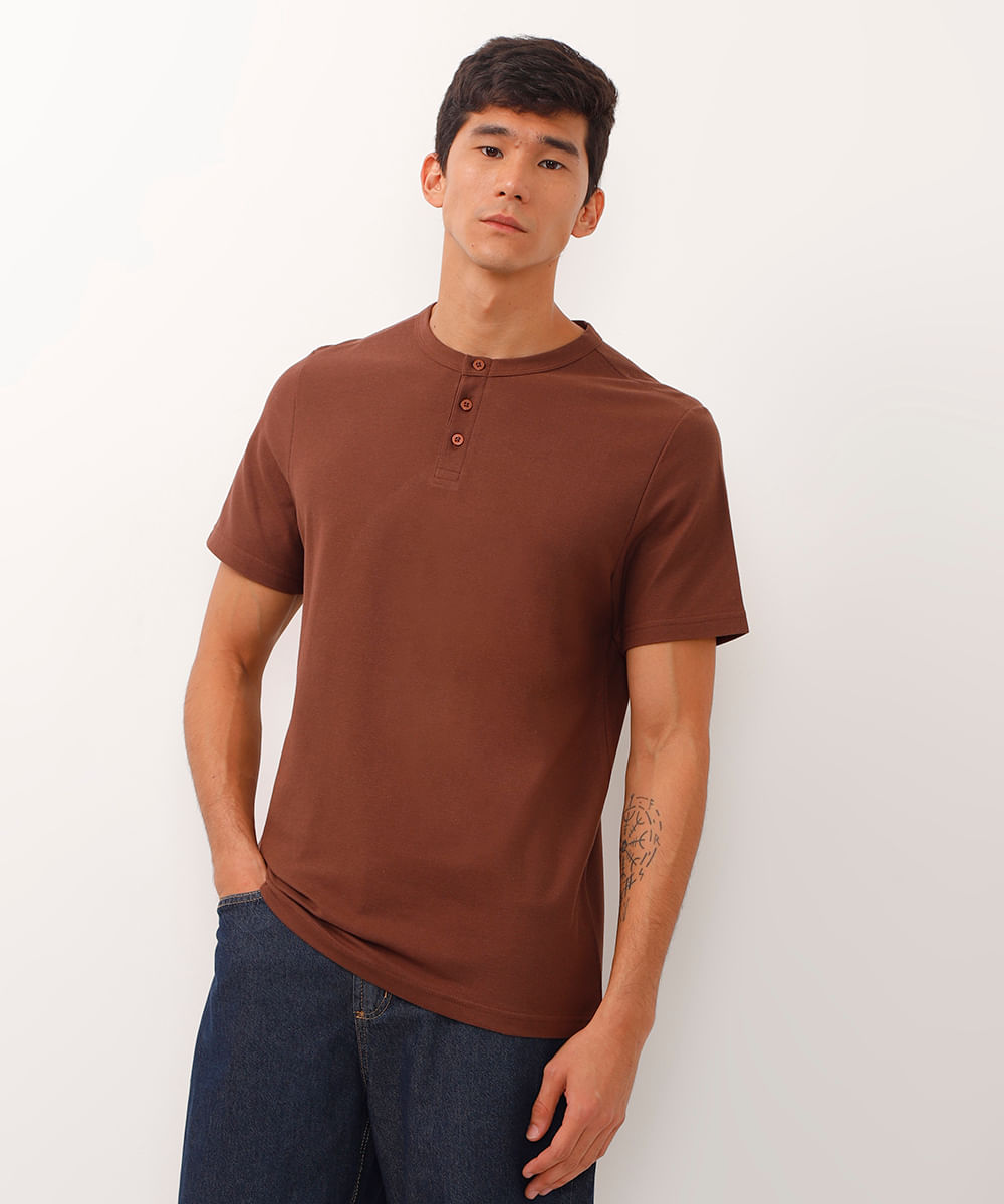 polo gola padre com botão piquet marrom