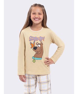 Pijama Manga Longa Infantil Xadrez Scooby Bege