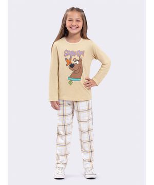 Pijama Manga Longa Infantil Xadrez Scooby Bege