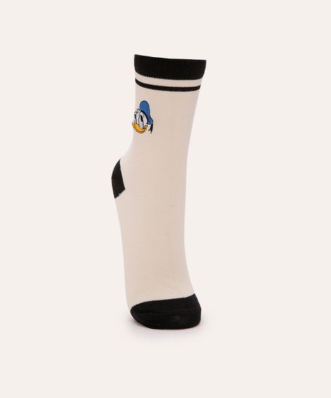meia cano longo bordada pato donald off white