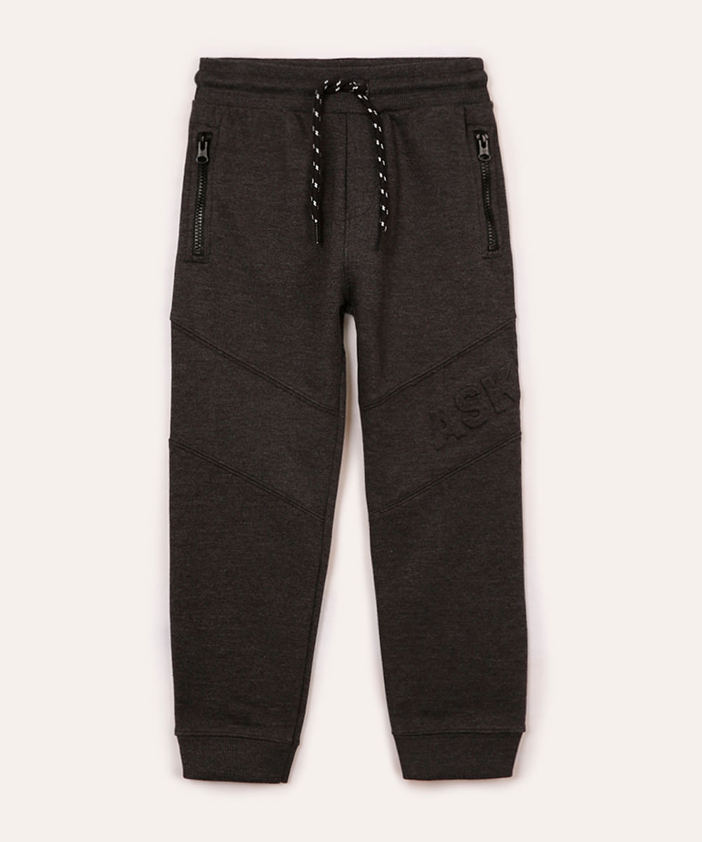 calça de moletom infantil com recorte e bolsos cinza
