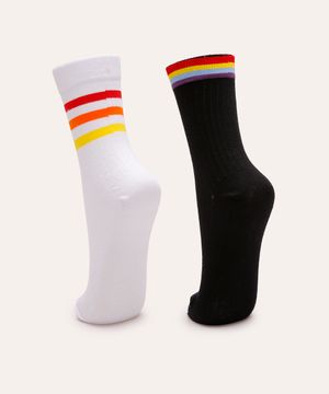 kit 2 pares de meias cano alto arco íris colorido