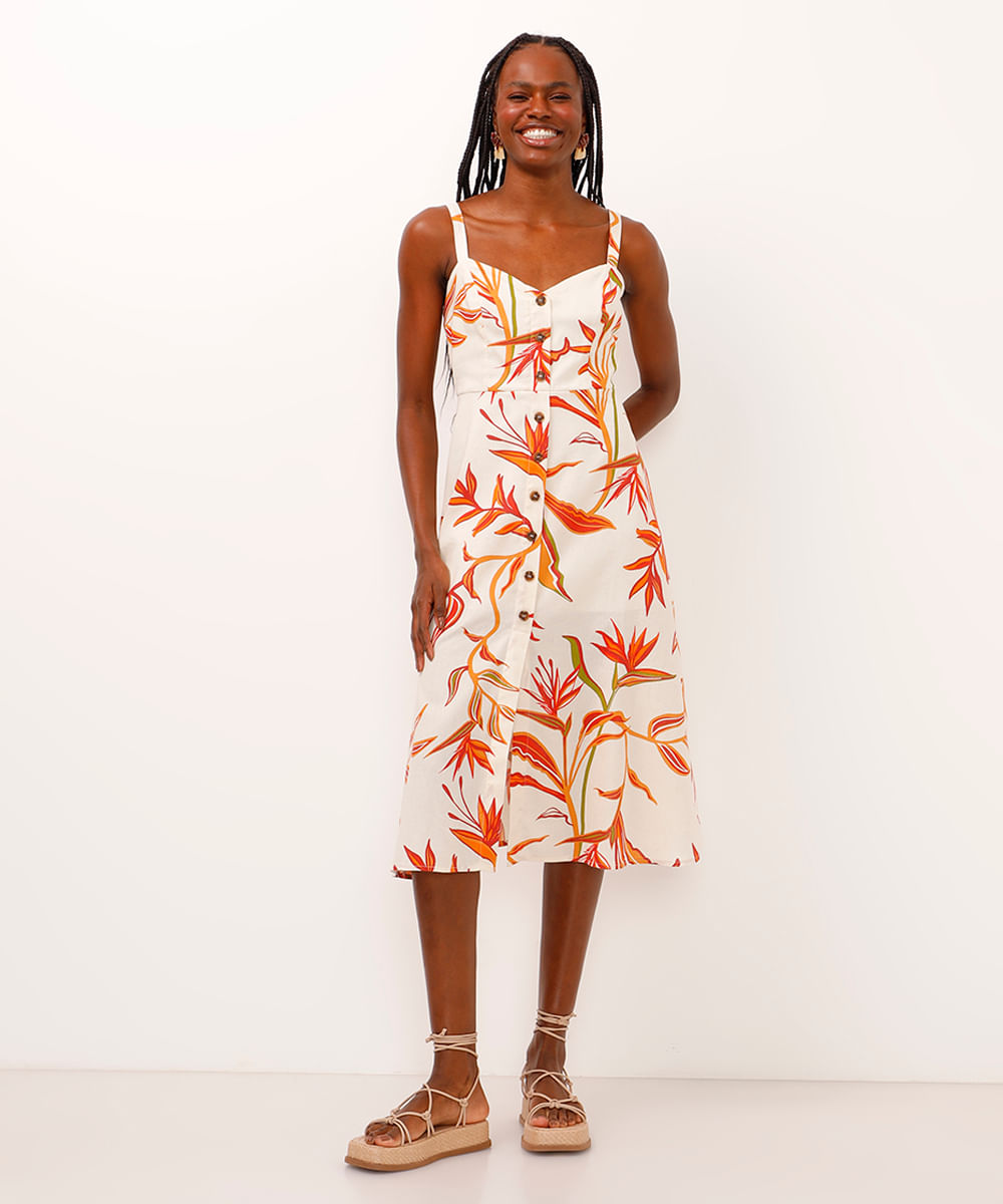 vestido midi com linho decote v folhagem bege