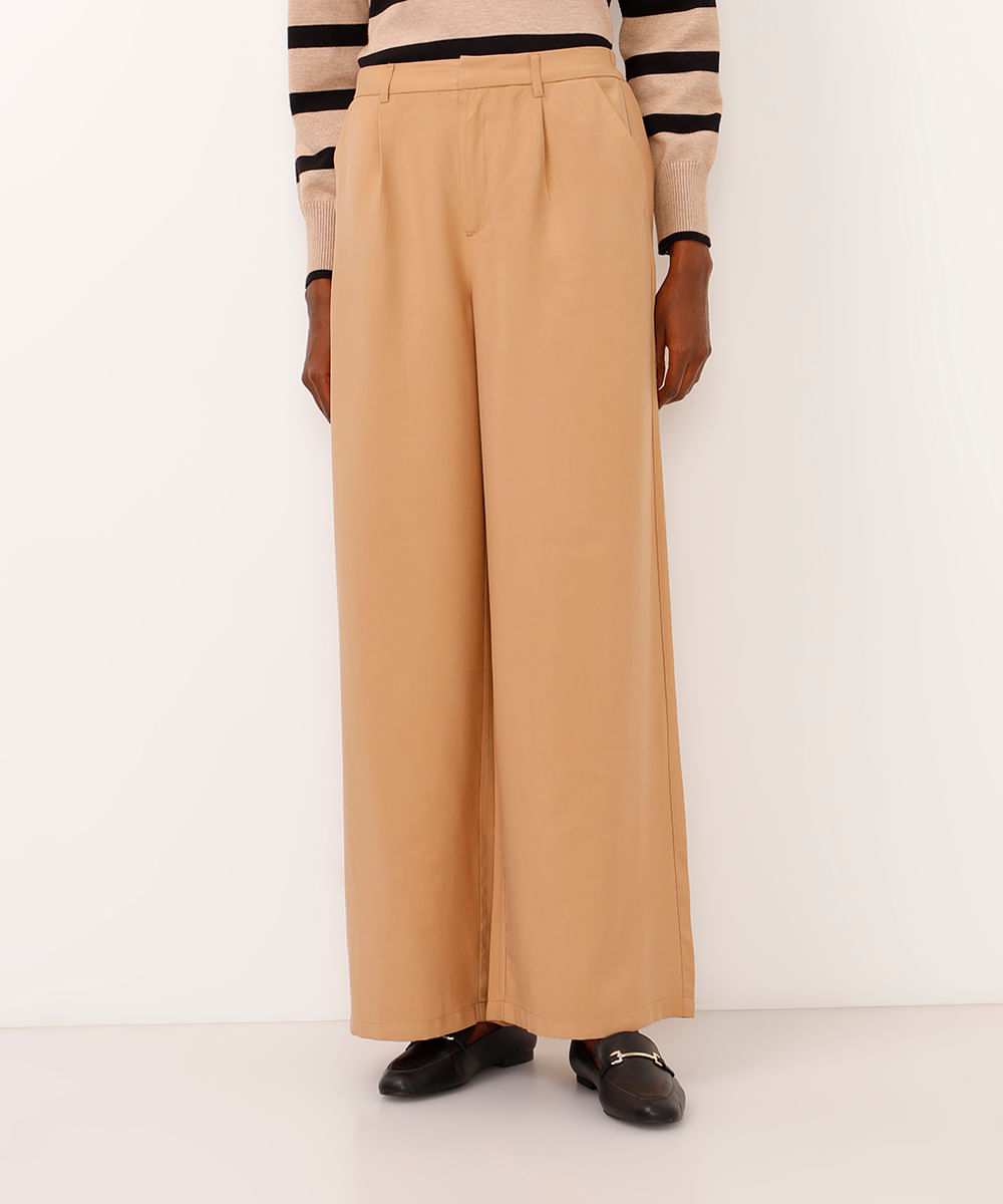 calça wide leg cintura alta com elástico e bolsos bege