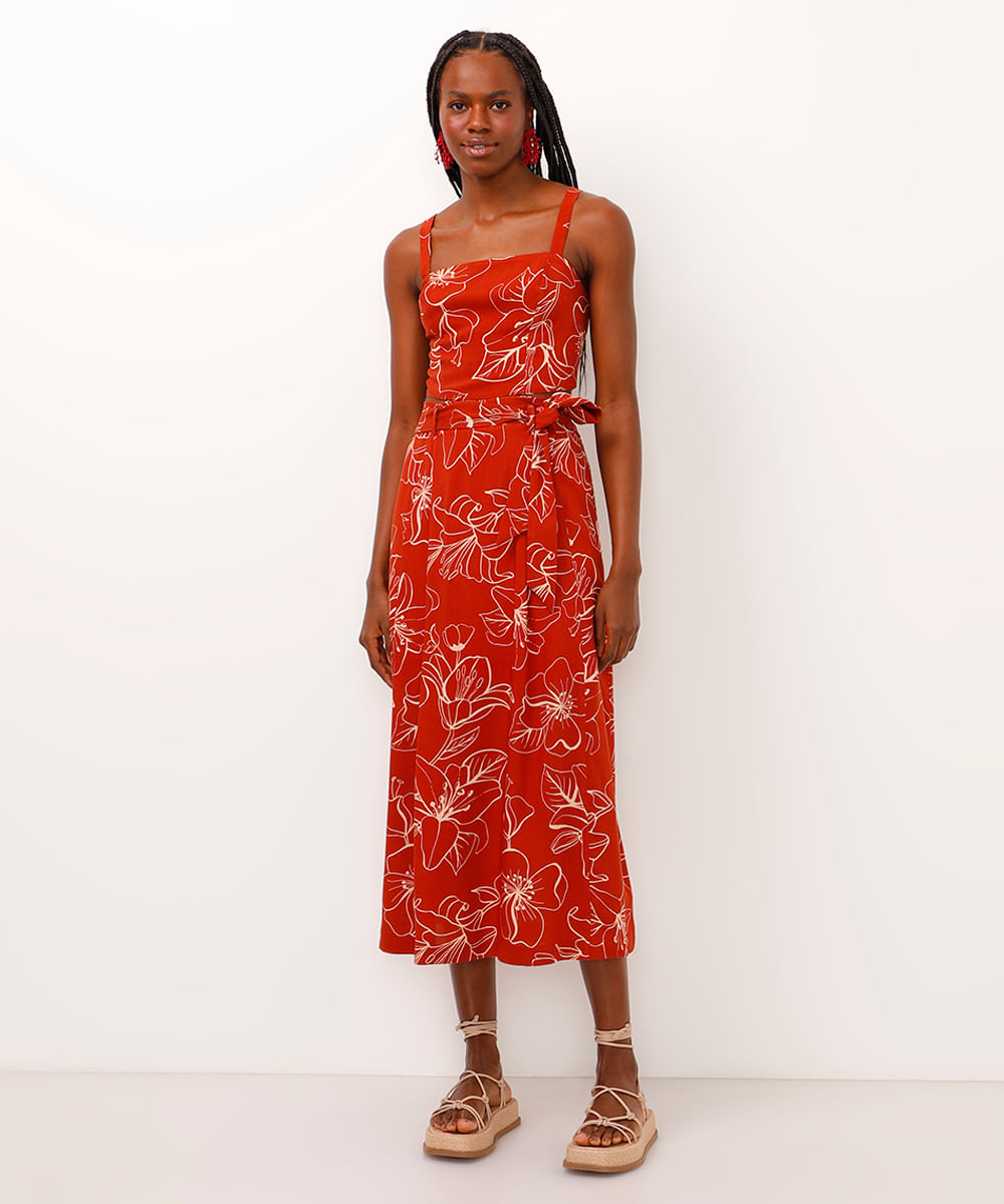saia midi de viscose floral cintura alta com faixa laranja escuro