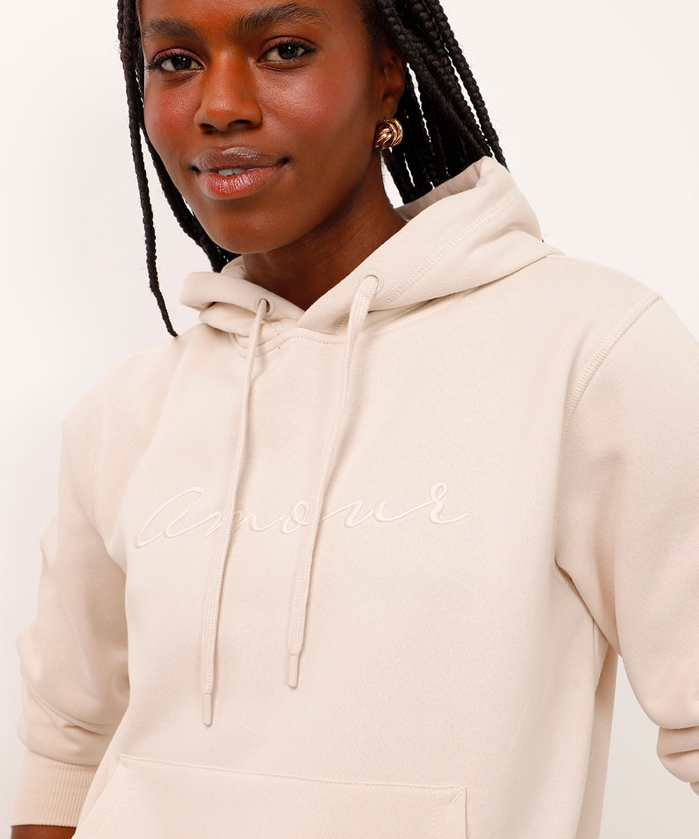 blusão de moletom amour com capuz bege