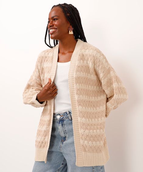 capa de tricot chenille listrado bege
