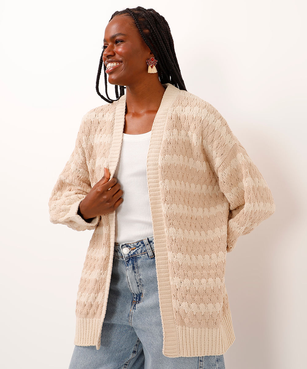 capa de tricot chenille listrado bege