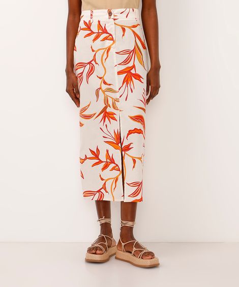 saia midi com linho cintura alta folhagem bege