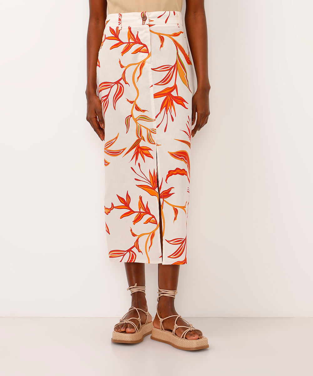 saia midi com linho cintura alta folhagem bege