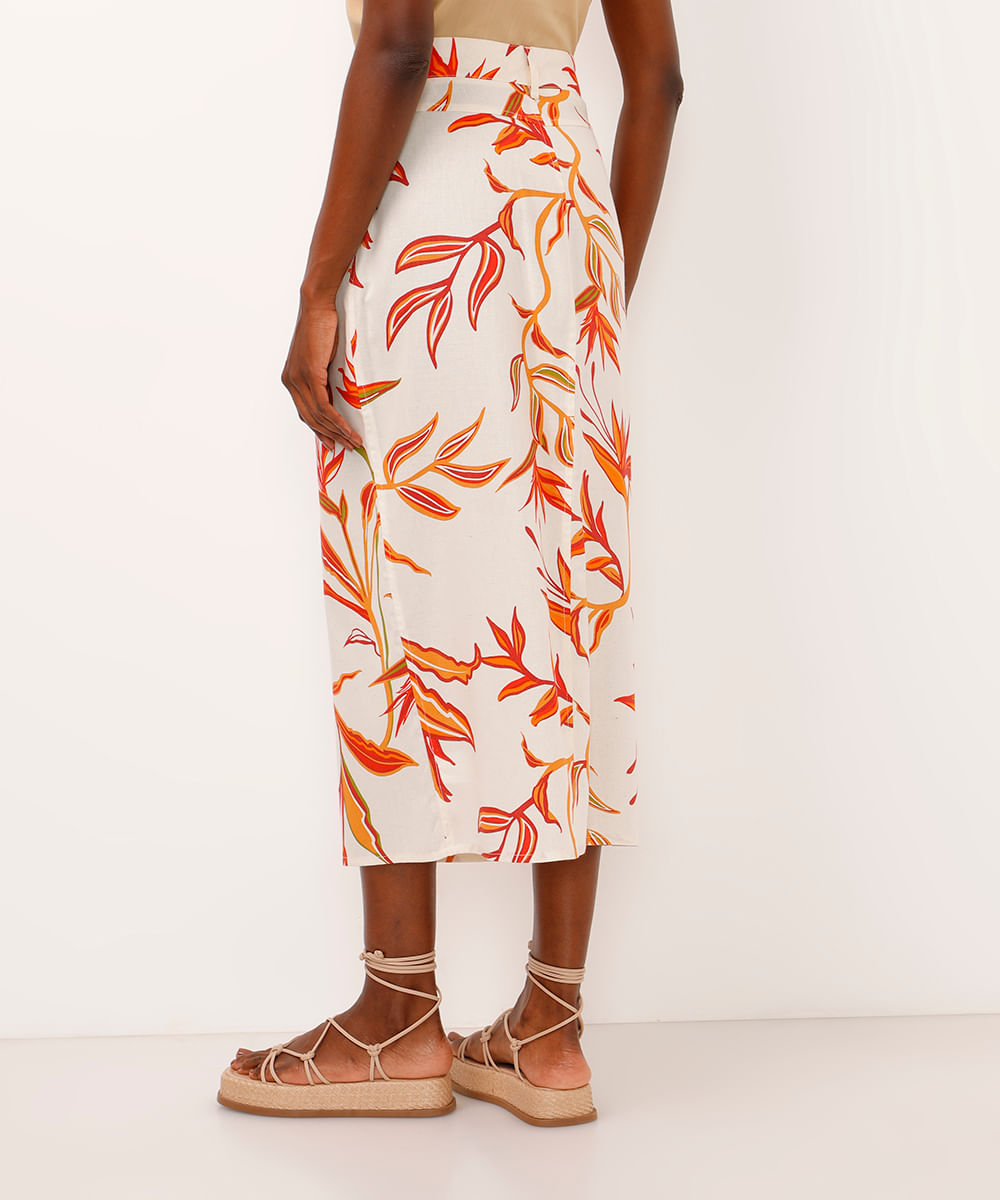 saia midi com linho cintura alta folhagem bege