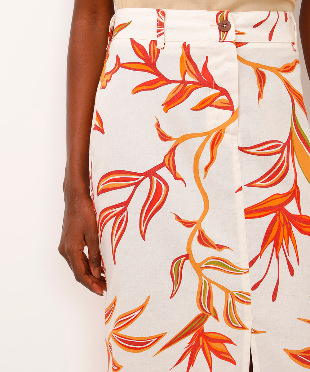 saia midi com linho cintura alta folhagem bege