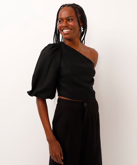 blusa cropped com linho ombro único preta