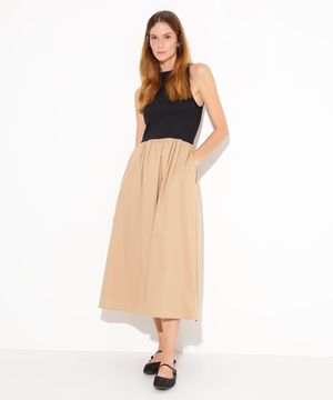 vestido midi de algodão saia volumosa mindset bege