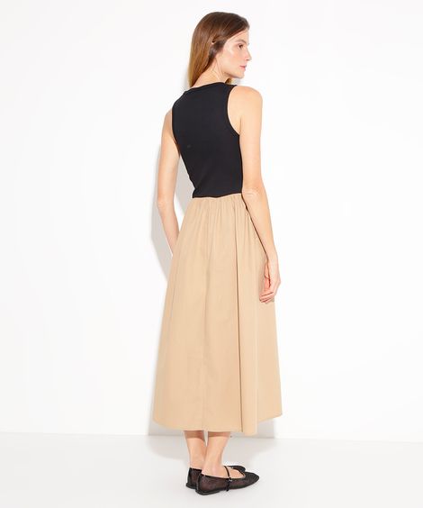 vestido midi de algodão saia volumosa mindset bege