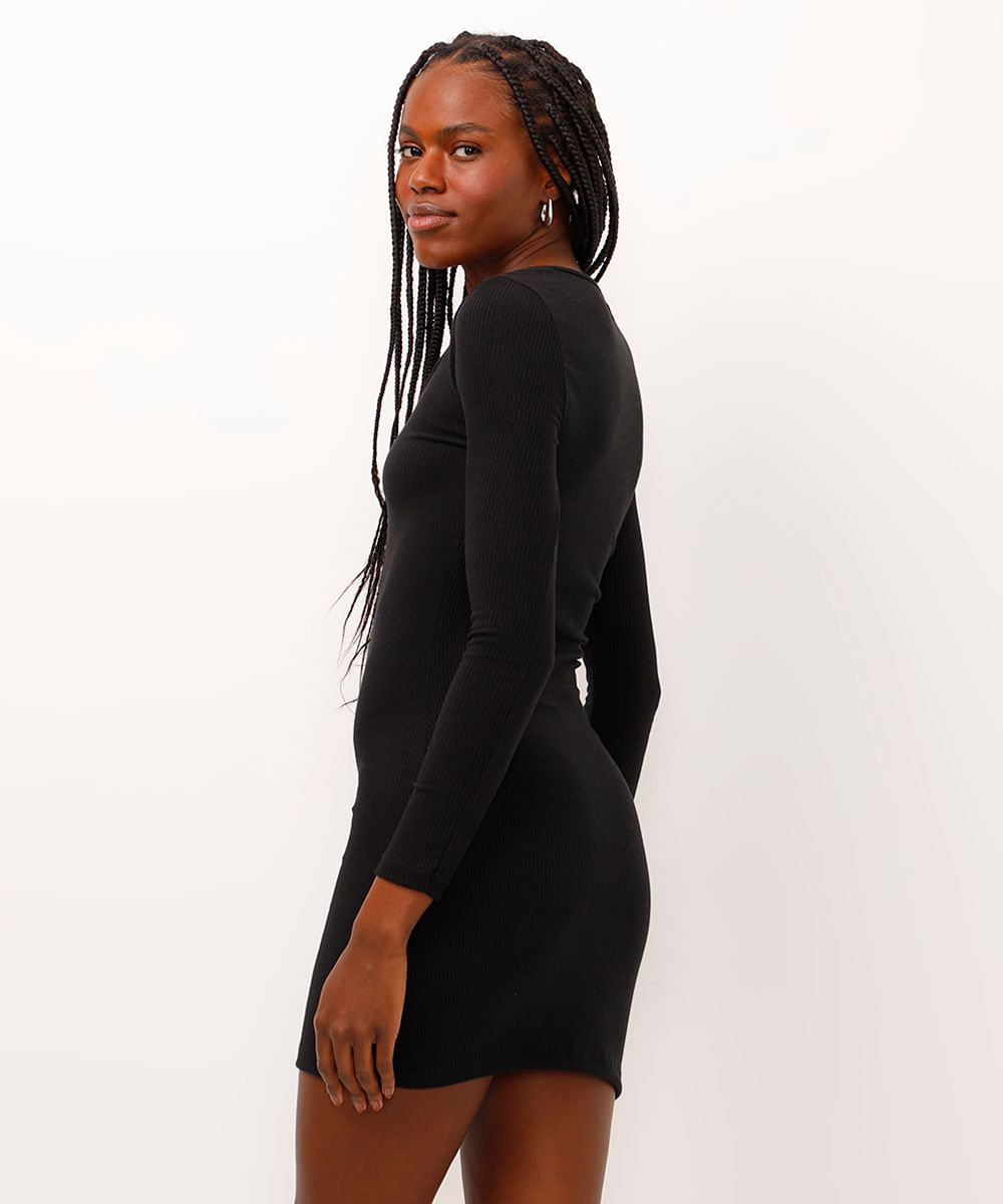 vestido curto manga longa canelado preto
