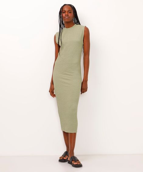 vestido midi gola alta texturizado verde