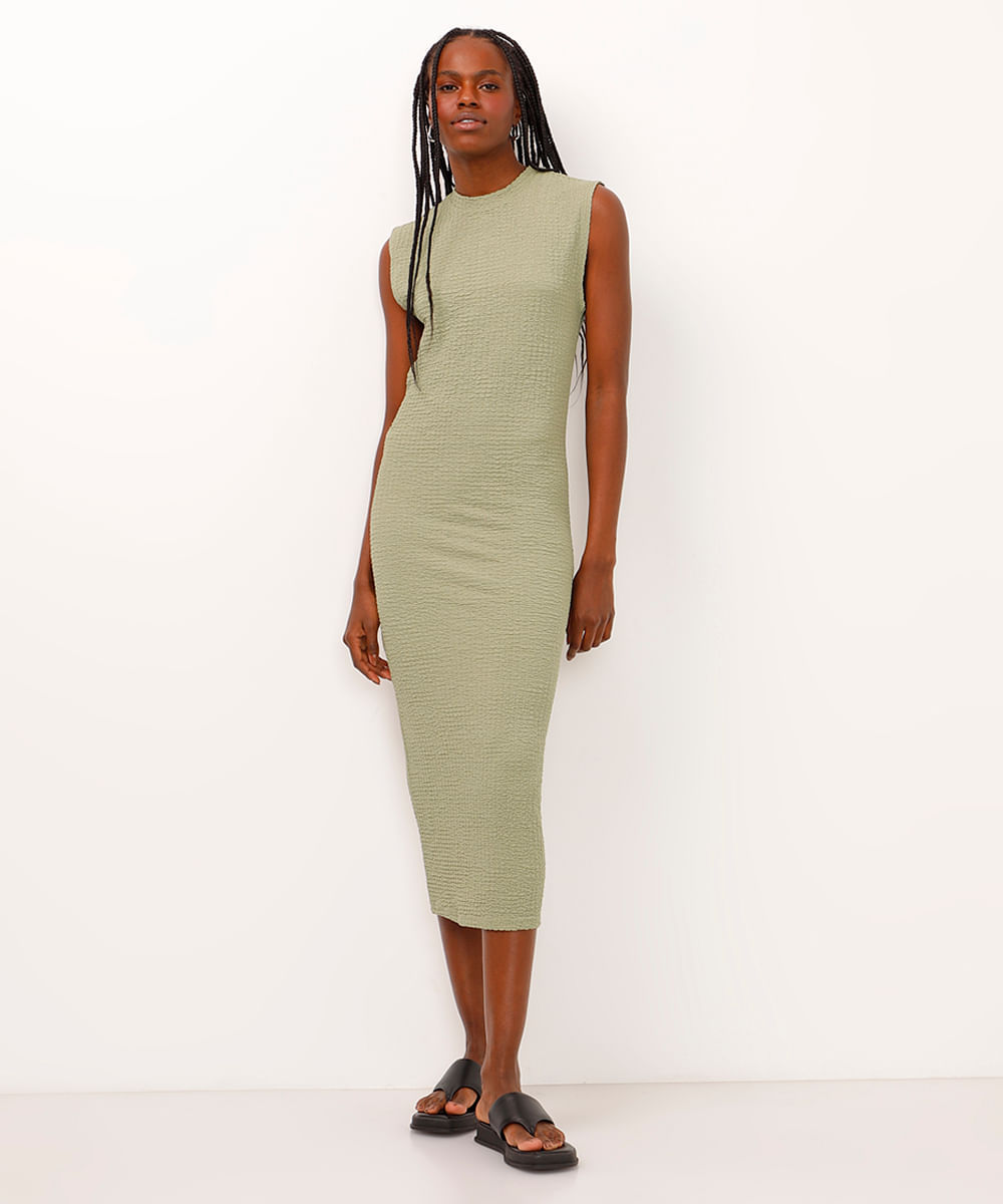 vestido midi gola alta texturizado verde