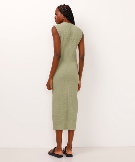 vestido midi gola alta texturizado verde