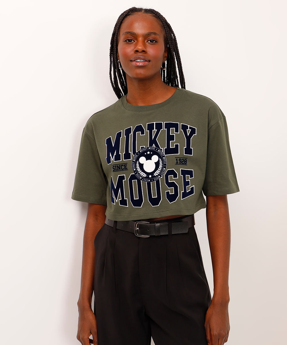 camiseta cropped de algodão manga curta mickey verde