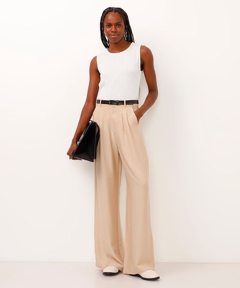 calça wide leg de viscose cintura alta com cinto bege