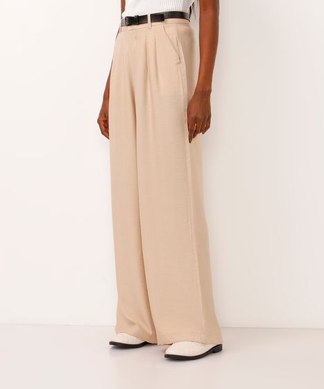 calça wide leg de viscose cintura alta com cinto bege