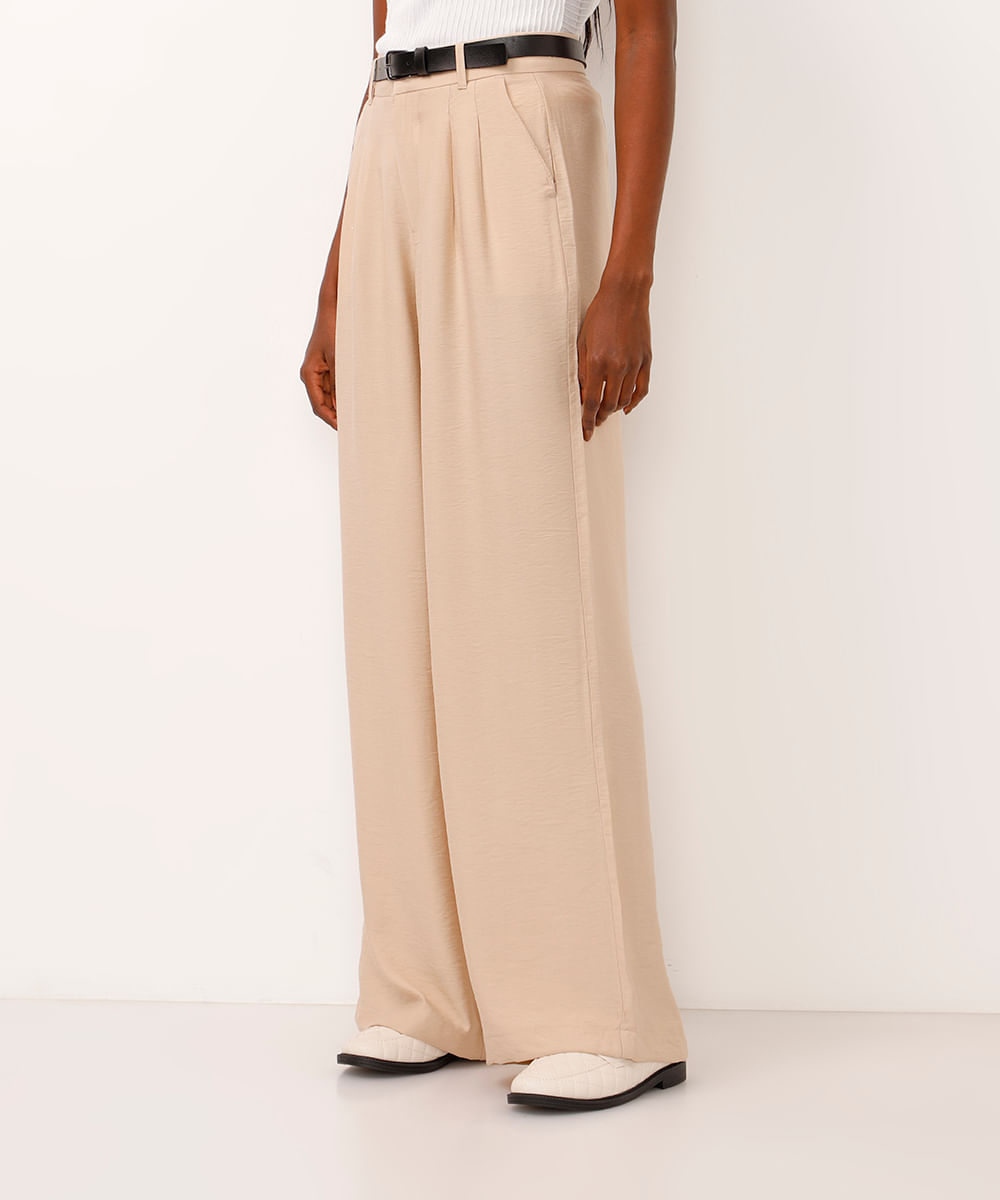 calça wide leg de viscose cintura alta com cinto bege