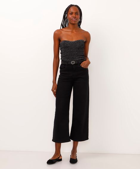 calça wide leg cropped de sarja com cinto preto