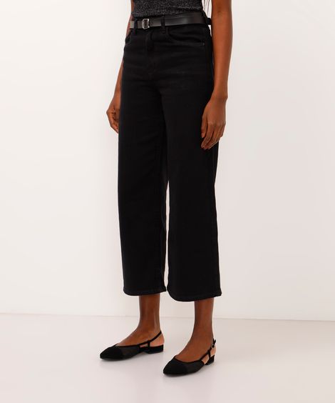 calça wide leg cropped de sarja com cinto preto