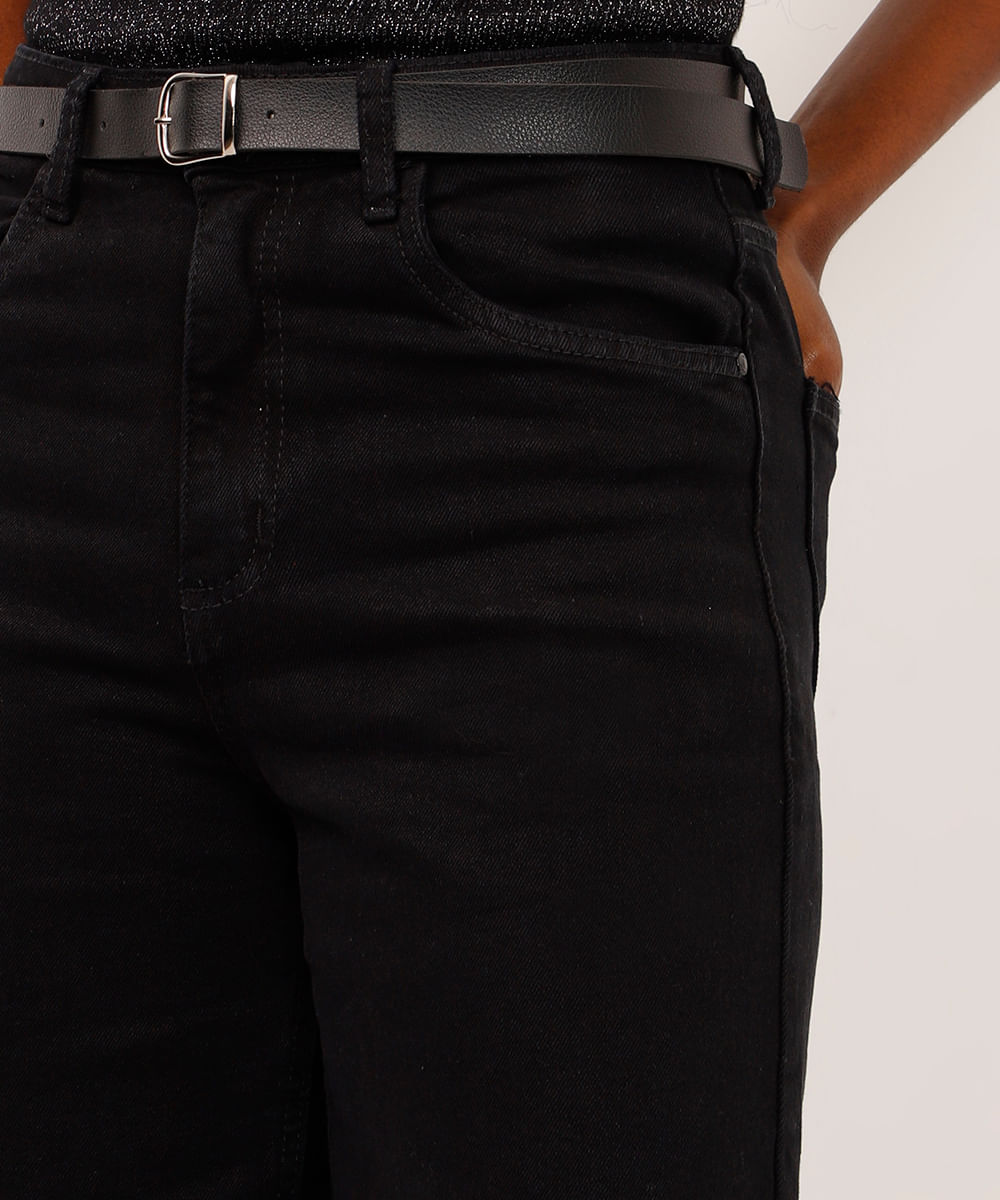 calça wide leg cropped de sarja com cinto preto