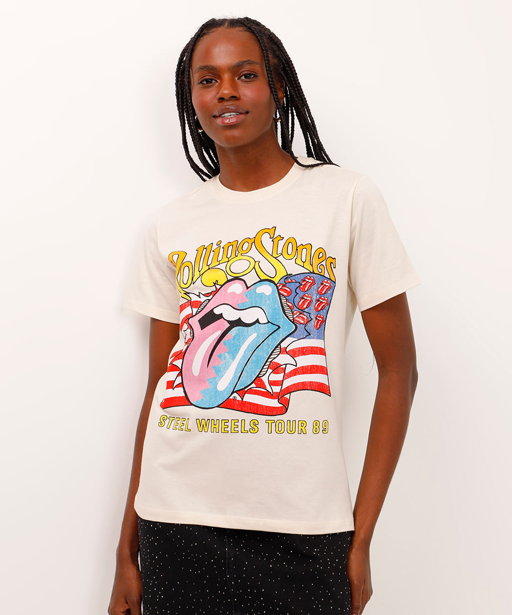 camiseta de algodão manga curta the rolling stones bege