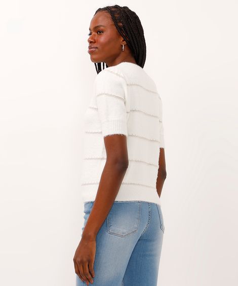 blusa de tricot manga bufante listrada com lurex off white