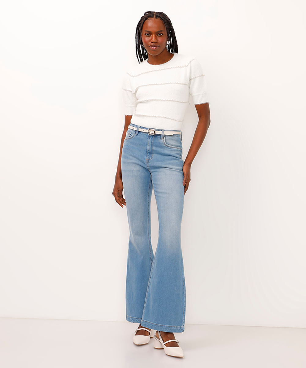 blusa de tricot manga bufante listrada com lurex off white