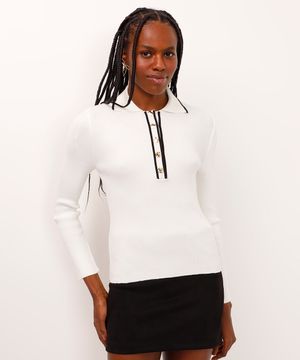 blusa de tricot gola clássica com botão bicolor off white