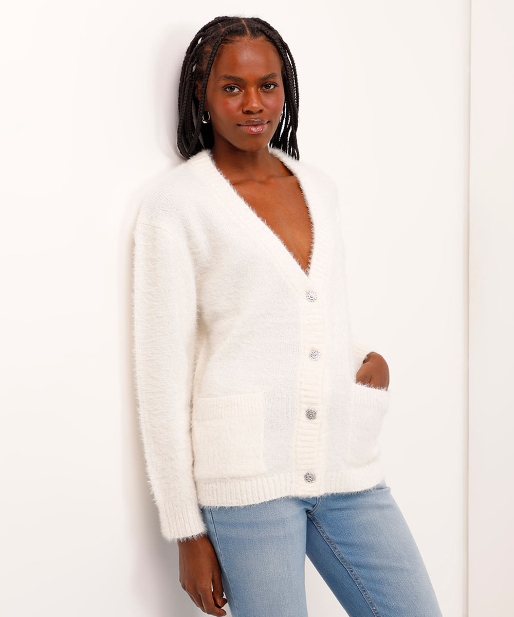 cardigan de tricot botões com strass e bolsos off white
