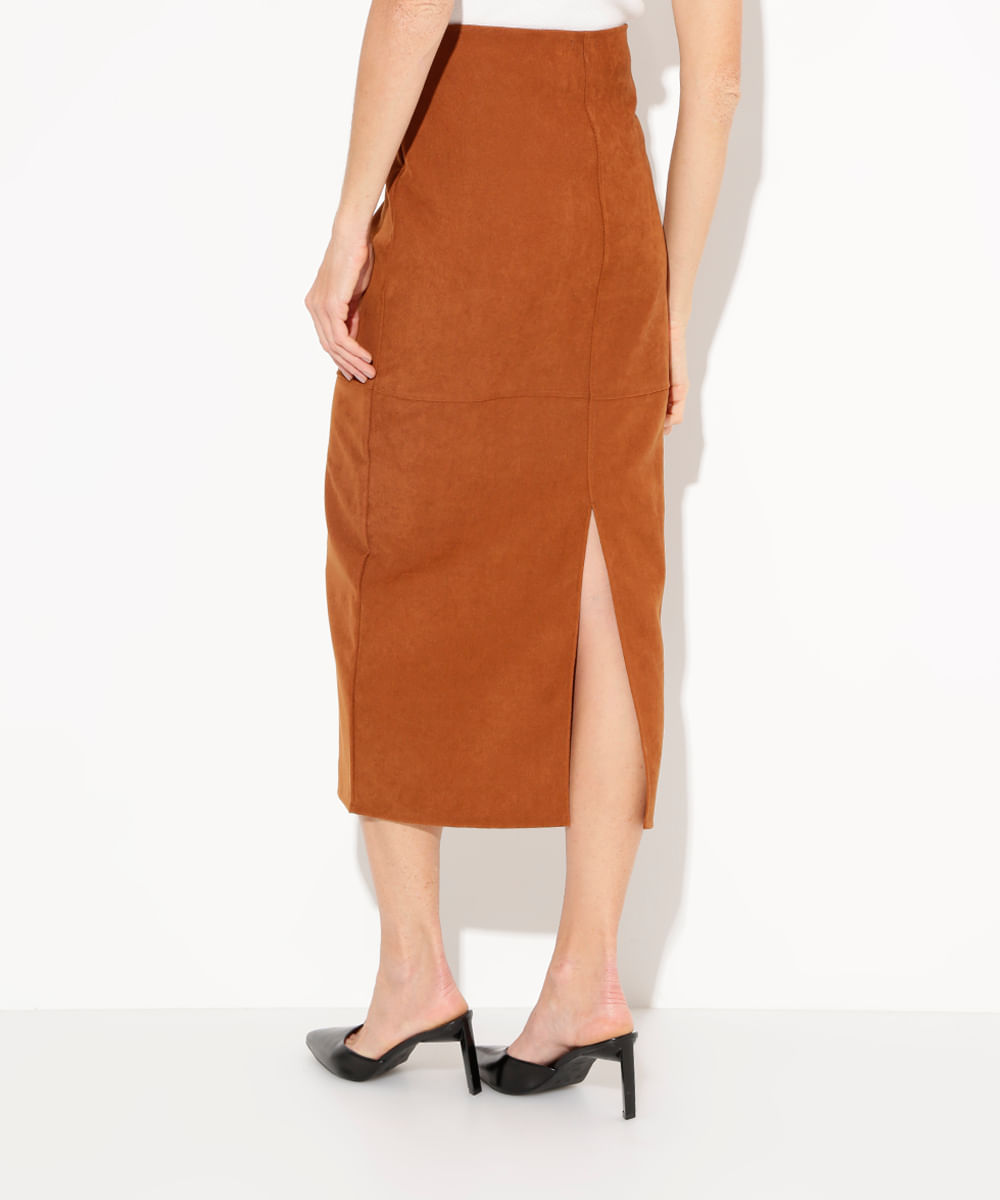 saia midi de suede cintura alta mindset marrom