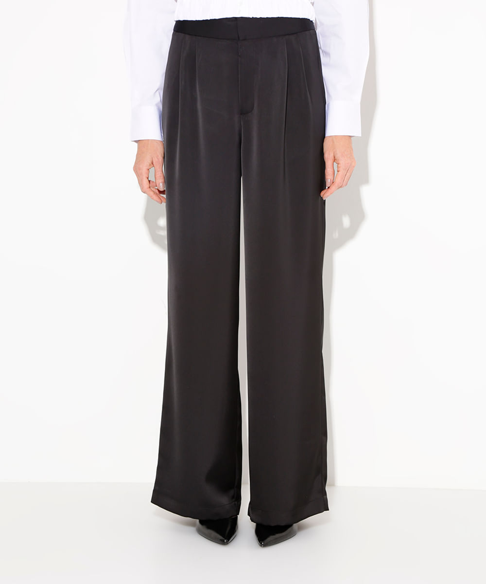 calça wide leg acetinada cintura alta mindset preta