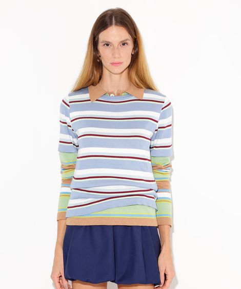 blusa de tricot manga curta listrada mindset azul
