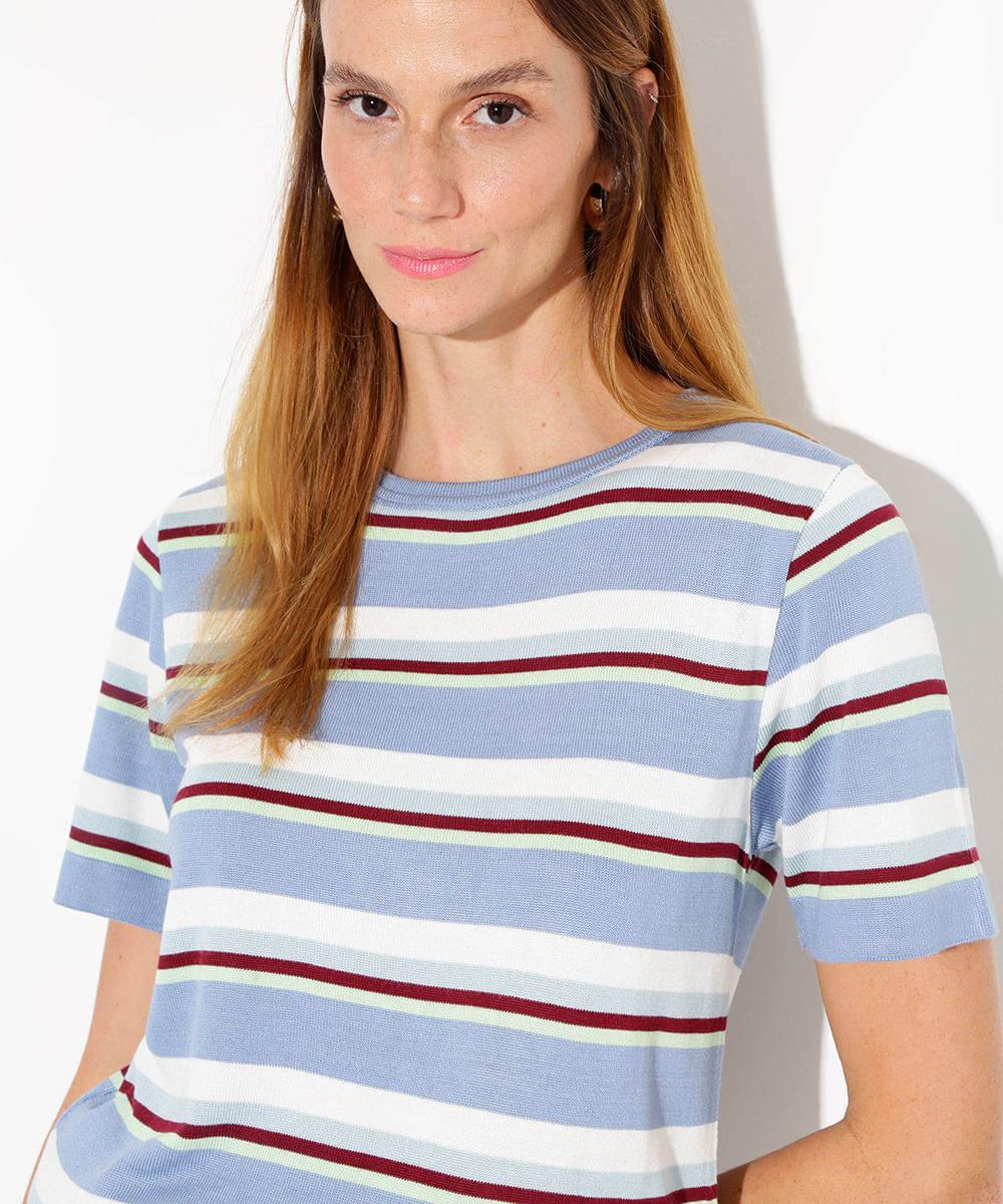 blusa de tricot manga curta listrada mindset azul