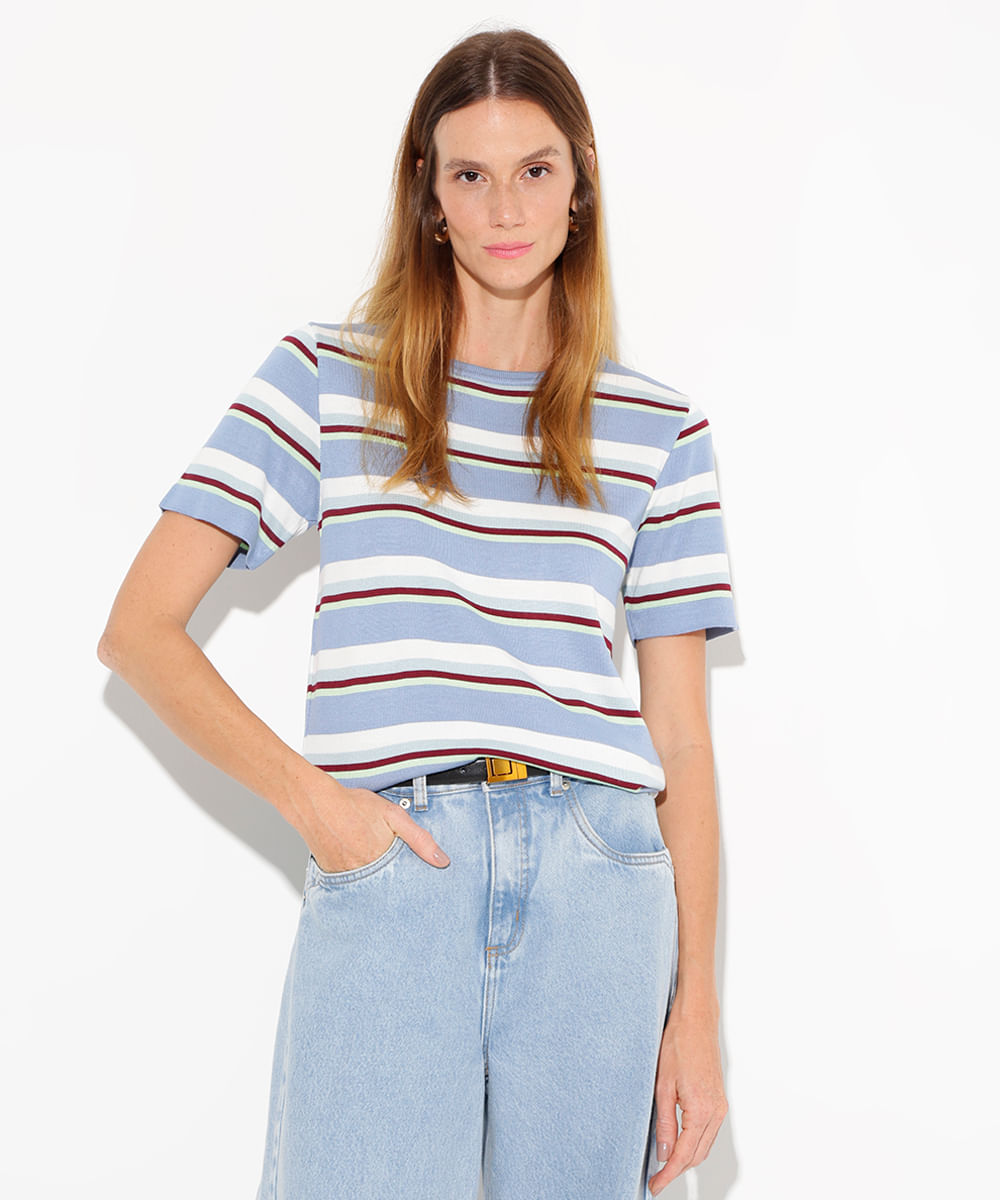 blusa de tricot manga curta listrada mindset azul