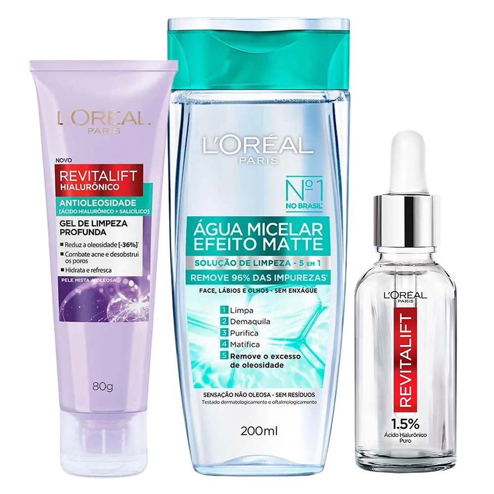 LOréal Paris Kit - Gel de Limpeza + Sérum Preenchedor + Água Micelar Efeito Matte