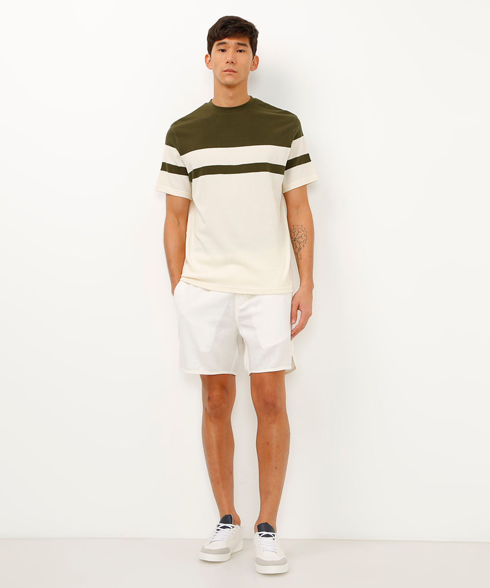 camiseta comfort texturizada listrada manga curta - verde militar