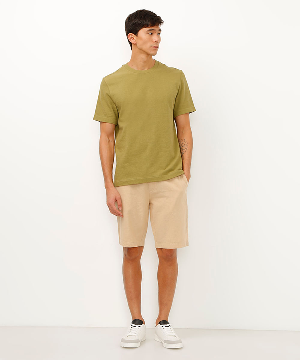 bermuda reta de linho com bolsos bege