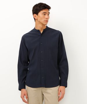 camisa texturizada gola padre manga longa azul